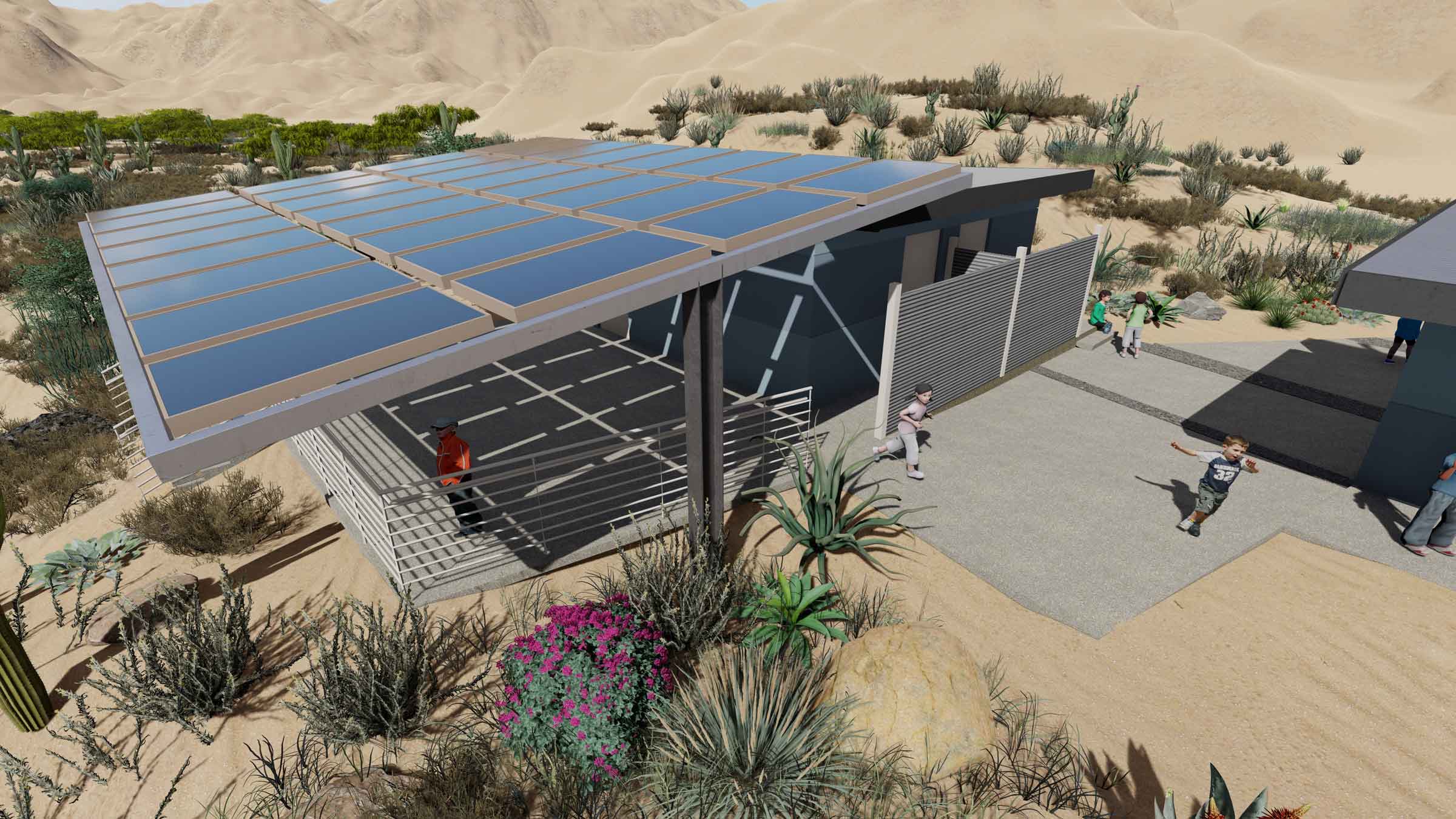 A solar shaded classroom adjoins one of the buildings acting as a teaching center and desert gateway