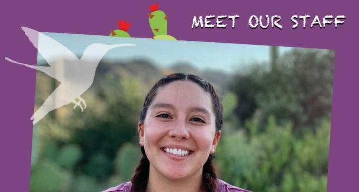 A smiling image of Alexianne, wearing purple with braided hair. Cactus and a hummingbird surround.