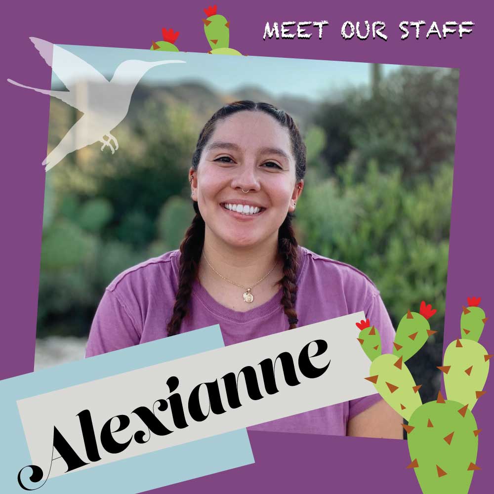 A smiling image of Alexianne, Cooper staff member, wearing purple with braided hair.  Images surrounding including cactus and a hummingbird.