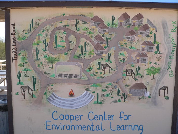 A hand painted map of the Camp Cooper facility showing paths, buildings and plants.