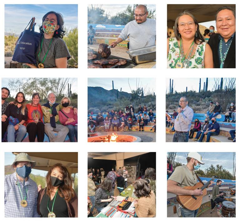 A collage of photos taken from the event - crowds eating, arounda  campfire, etc.