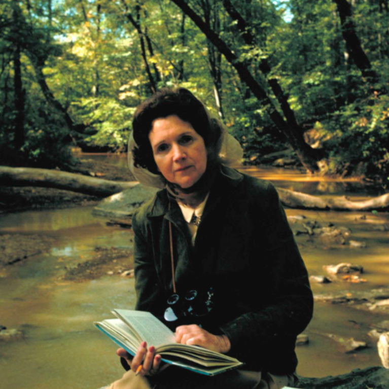 rachel carson sitting with a book in hand, water stream in the background
