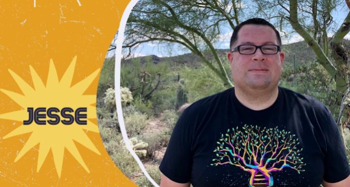 A photo of our intern Jesse standing in front of a palo verde in the bottom right corner while the words "Meet Our Cooper Center Intern" are in the top left and "Jesse" is written to the left of his image with other graphics surrounding words and images.