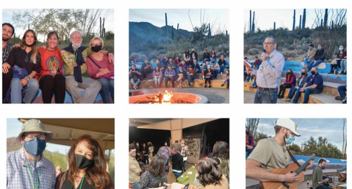 A collage of photos taken from the event - crowds eating, arounda  campfire, etc.