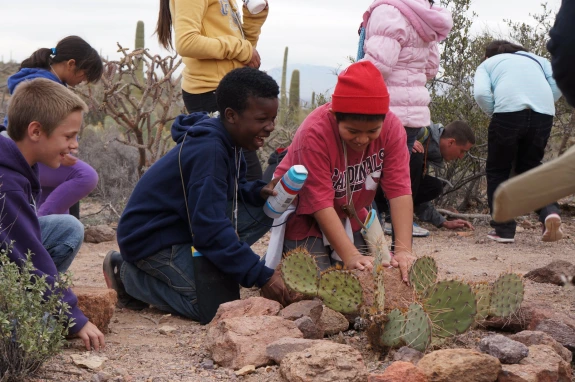 children looking at desert cactus